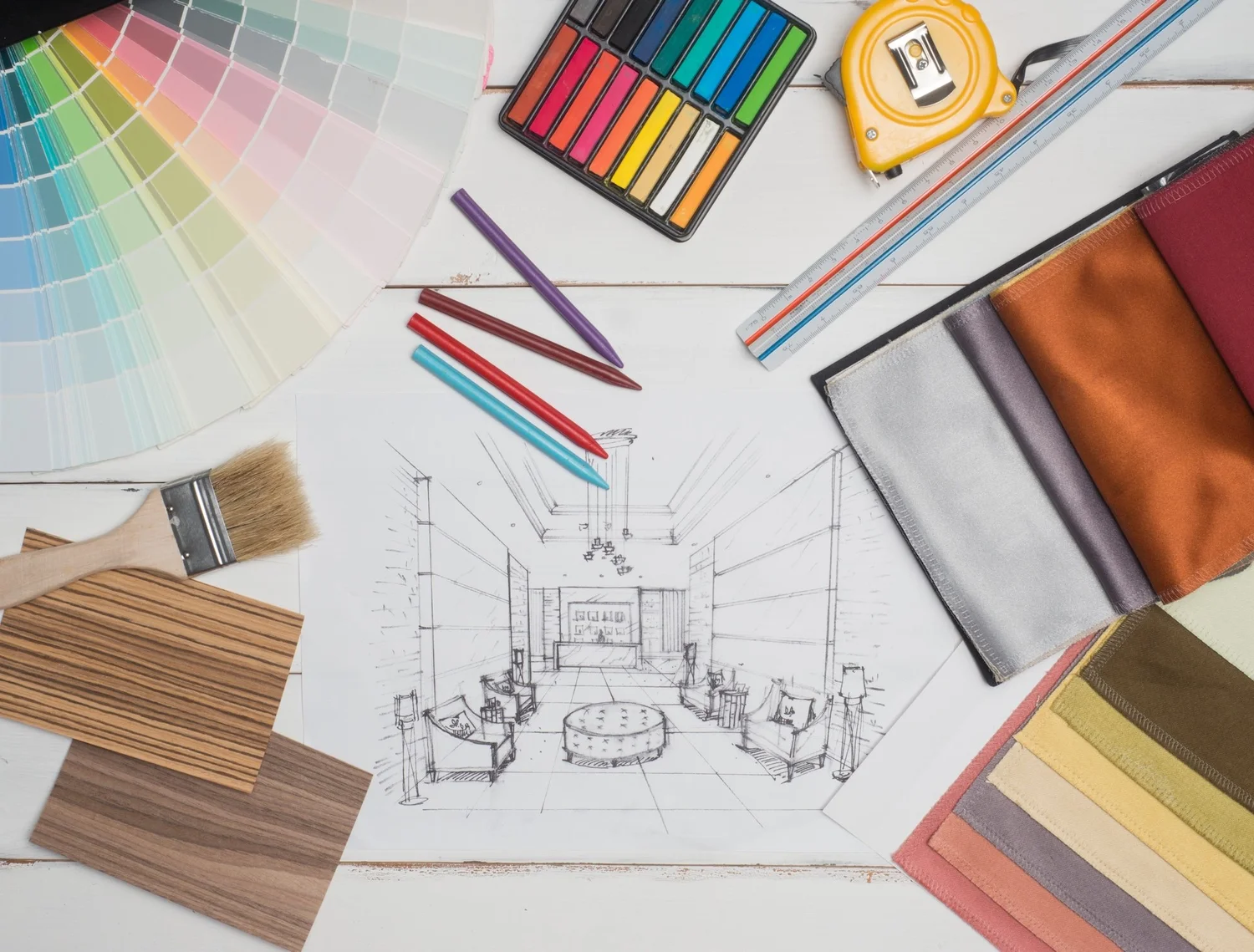 Interior design sketch with paint swatches, fabric samples, and wood finishes