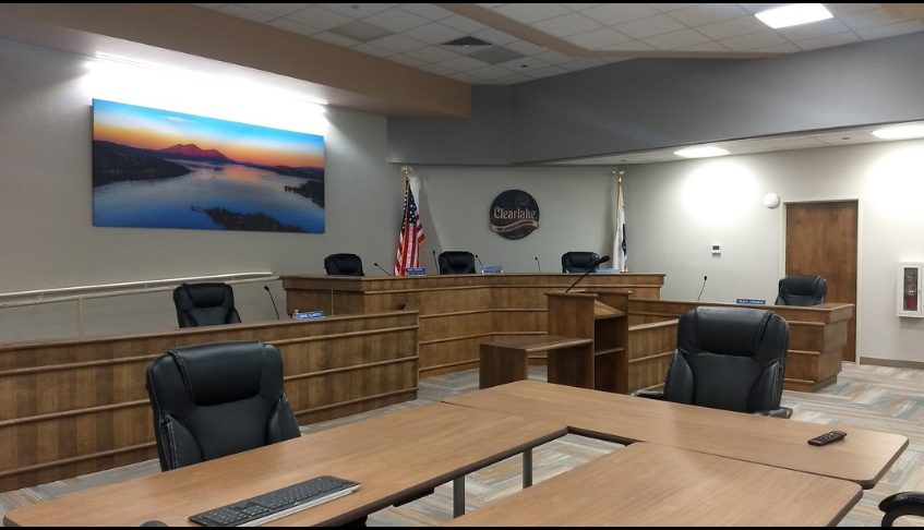 Clearlake city council chamber with custom millwork and landscape art
